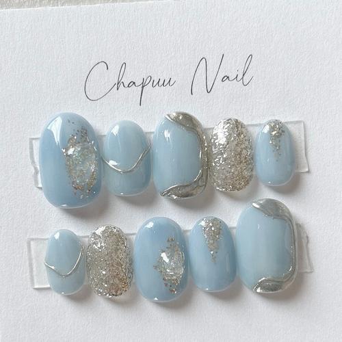 ネイルチップ ニュアンス シンプル ぷっくり くすみブルー シルバー  