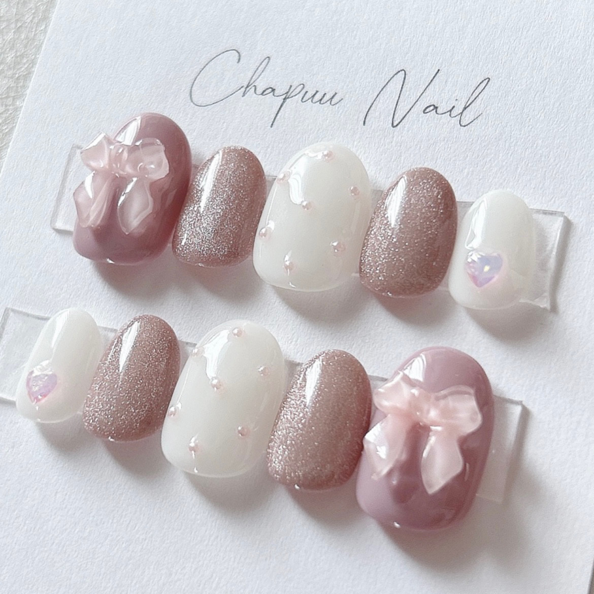ネイルチップ フレンチガーリー マグネット くすみピンク リボン