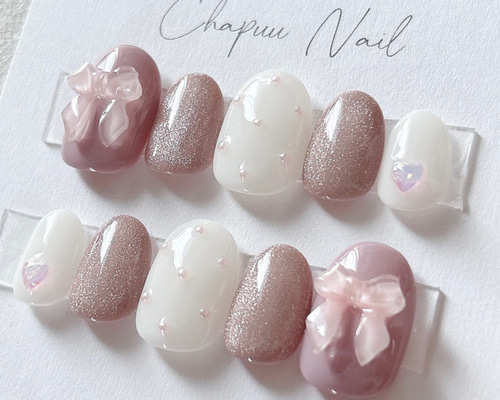 ネイルチップ フレンチガーリー マグネット くすみピンク リボン