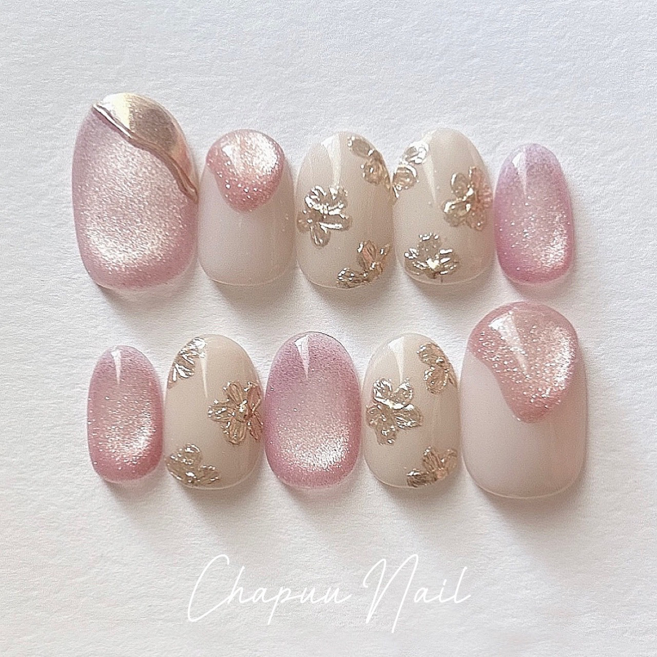 ネイルチップニュアンスぷっくり花リボンミラー淡色【現品】990