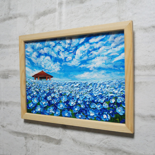 油絵 油彩 油彩画 絵 絵画【青空と雲のネモフィラ】 絵画 HR