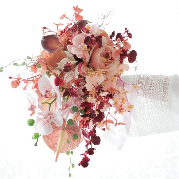 大人可愛いくすみコーラルのシャワーブーケ】ウエディングブーケ