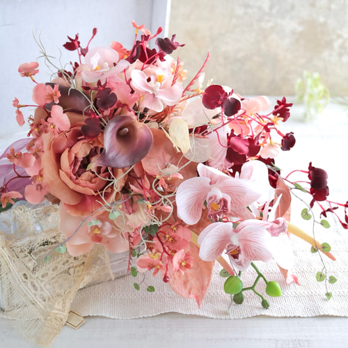 大人可愛いくすみコーラルのシャワーブーケ】ウエディングブーケ