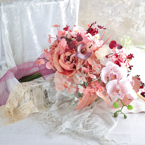 大人可愛いくすみコーラルのシャワーブーケ】ウエディングブーケ