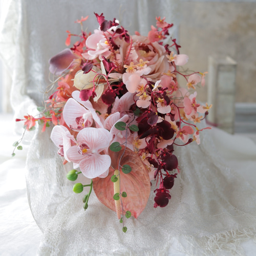 大人可愛いくすみコーラルのシャワーブーケ】ウエディングブーケ