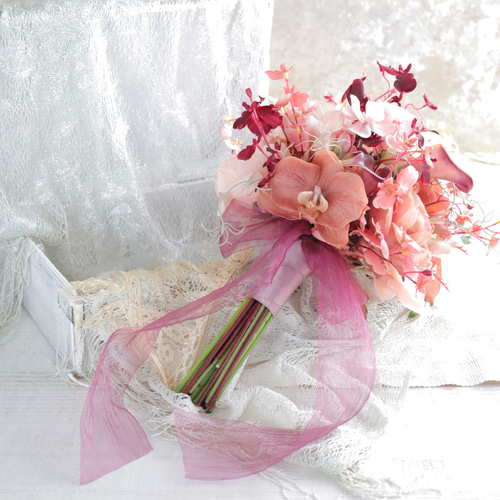 大人可愛いくすみコーラルのシャワーブーケ】ウエディングブーケ