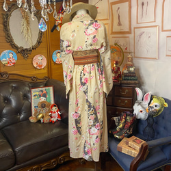 和洋折衷 浴衣 リメイク ワンピース ドレス 帯サッシュベルト レトロ 古着 和 W-292 5枚目の画像