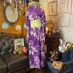 和洋折衷 浴衣 リメイク ワンピース ドレス 夏帯サッシュベルト レトロ 古着 和 モダン W-296 5枚目の画像