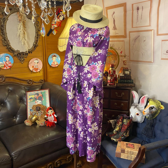 和洋折衷 浴衣 リメイク ワンピース ドレス 夏帯サッシュベルト レトロ 古着 和 モダン W-296 4枚目の画像