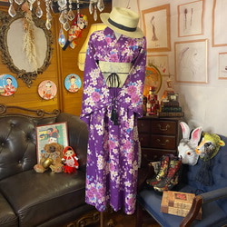 和洋折衷 浴衣 リメイク ワンピース ドレス 夏帯サッシュベルト レトロ 古着 和 モダン W-296 3枚目の画像