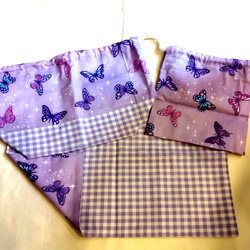 送料無料　ランチ3点セット　お弁当袋　コップ袋　ランチョンマット　蝶々柄　紫 2枚目の画像