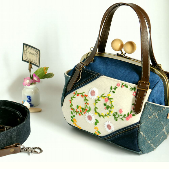 親子がま口2WAYバッグ【denim✖花刺繍】20cmくし形