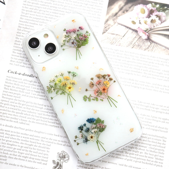フォーシーズンズ～かすみ草のブーケ押し花スマホケース iPhone15Android Galaxy Xperia 全機種 5枚目の画像