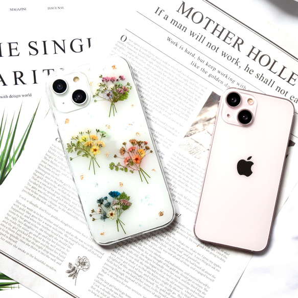 フォーシーズンズ～かすみ草のブーケ押し花スマホケース iPhone15Android Galaxy Xperia 全機種 3枚目の画像
