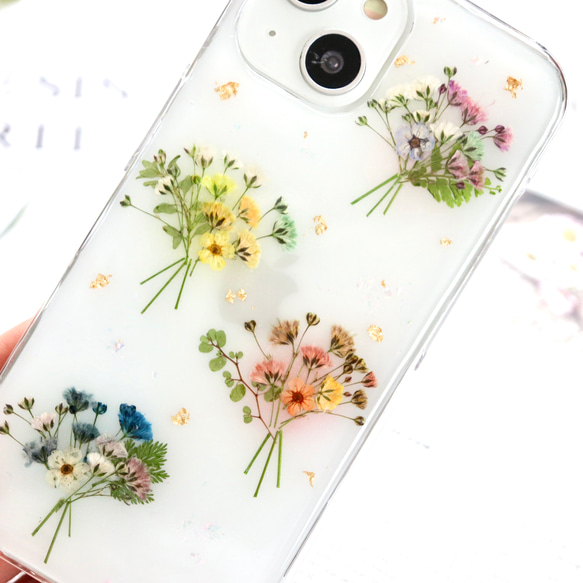 フォーシーズンズ～かすみ草のブーケ押し花スマホケース iPhone15Android Galaxy Xperia 全機種 9枚目の画像