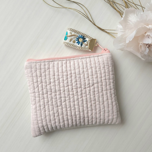 【リュンヌ】インド刺繍リボン・ミニポーチ インド刺繍リボンのミニポーチ/生成×イエローチュール ポーチ