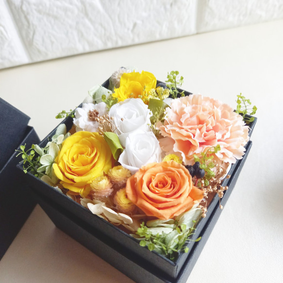 ★アロマ付き♡プリザ薔薇入り「Box Arrangement -rose-」mini・イエロー・オレンジ系 2枚目の画像