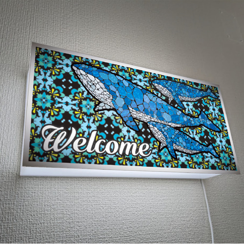Welcome ようこそ くじら クジラ 鯨 壁掛け看板 雑貨 ライトBOX ウェルカム ようこそ くじら クジラ 鯨 ステンドグラス風 店舗