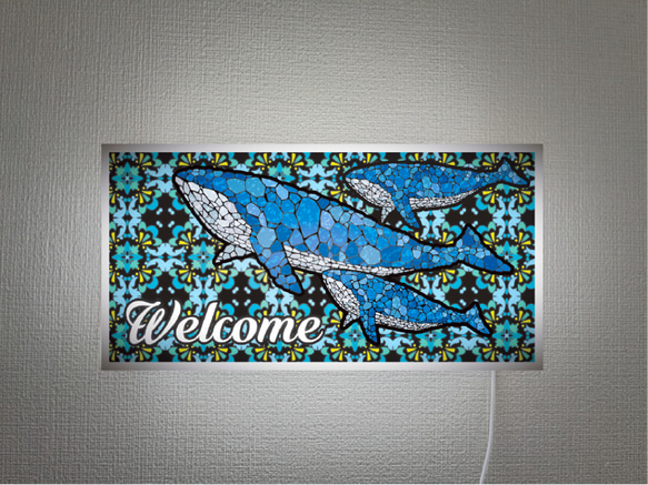 Welcome ようこそ くじら クジラ 鯨 壁掛け看板 雑貨 ライトBOX ウェルカム ようこそ くじら クジラ 鯨 ステンドグラス風 店舗