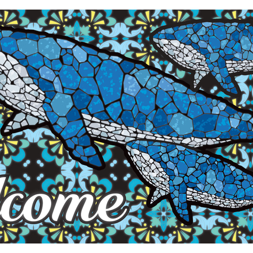 Welcome ようこそ くじら クジラ 鯨 壁掛け看板 雑貨 ライトBOX ウェルカム ようこそ くじら クジラ 鯨 ステンドグラス風 店舗