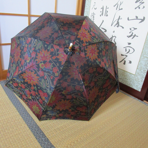 着物リメイク　大島紬とバンブーの日傘　未使用品 着物リメイク 大島紬とバンブーの日傘 未使用品