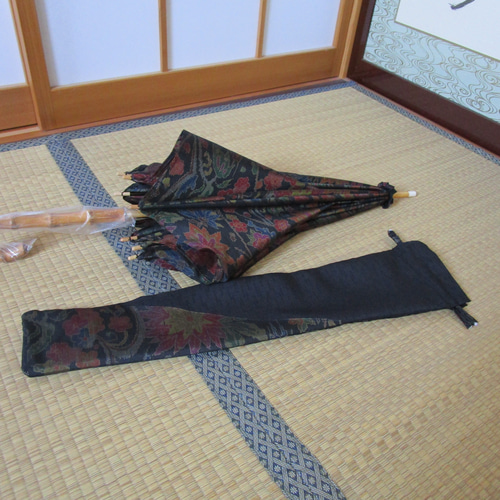 着物リメイク　大島紬とバンブーの日傘　未使用品 着物リメイク 大島紬とバンブーの日傘 未使用品