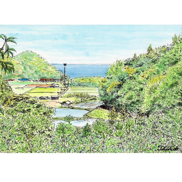 原画一点物　「丘の上から見下ろした初夏の風景」　＜ペンスケッチ＋透明水彩＞ 1枚目の画像