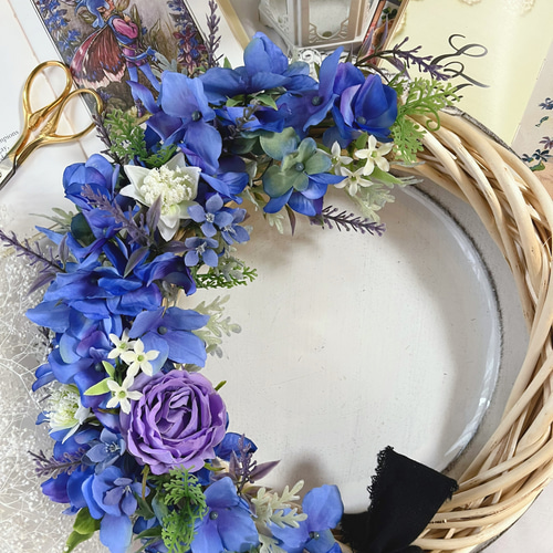 薔薇と紫陽花とアイビー★リース★ナチュラルリース★ハーフリース★ローズガーデン アジサイとローズのハーフリース アジサイ リース ハーフリース