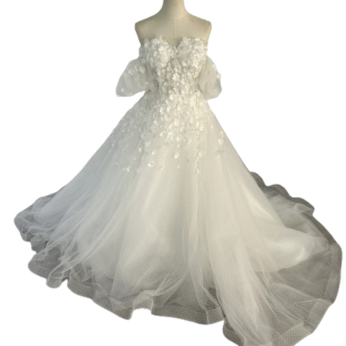 可愛い ウェディングドレス 2way×オフショルダー 小花 取り外し袖 贅沢  