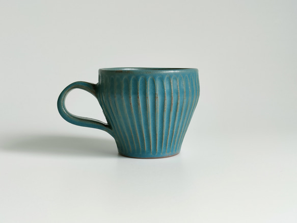 ターコイズブルー シノギカップ マグカップ プリーツマグ コーヒーカップ 小さめ 青 3枚目の画像