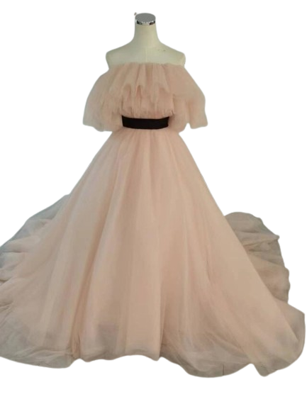 パーティードレス ビビッドピンク オフショルダー チュールスカート  