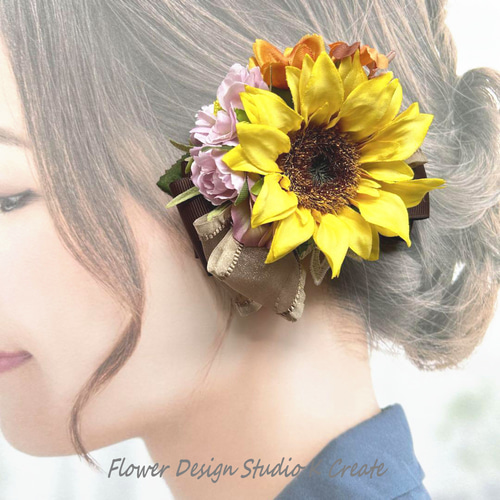 向日葵とコスモスのリボンヘアクリップ 向日葵 おでかけ