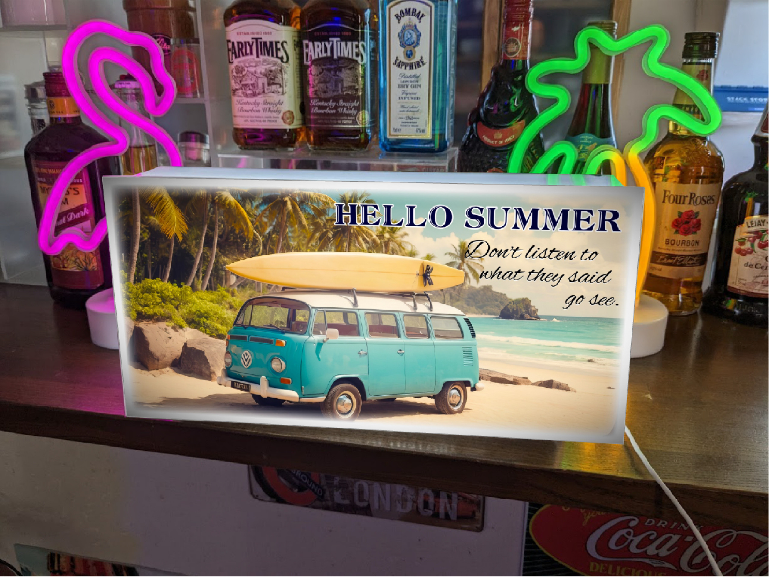 【壁掛け Lサイズ】ハロー サマー 海 夏 サーフワゴン サーフィン ヤシの木 ビーチ 看板 置物 雑貨 ライトBOX