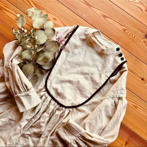 ハンドメイド リネン スタンドカラー ヨーク切替 パイピング くるみ  