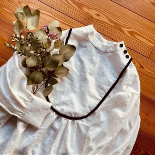 ハンドメイド リネン スタンドカラー ヨーク切替 パイピング くるみ  