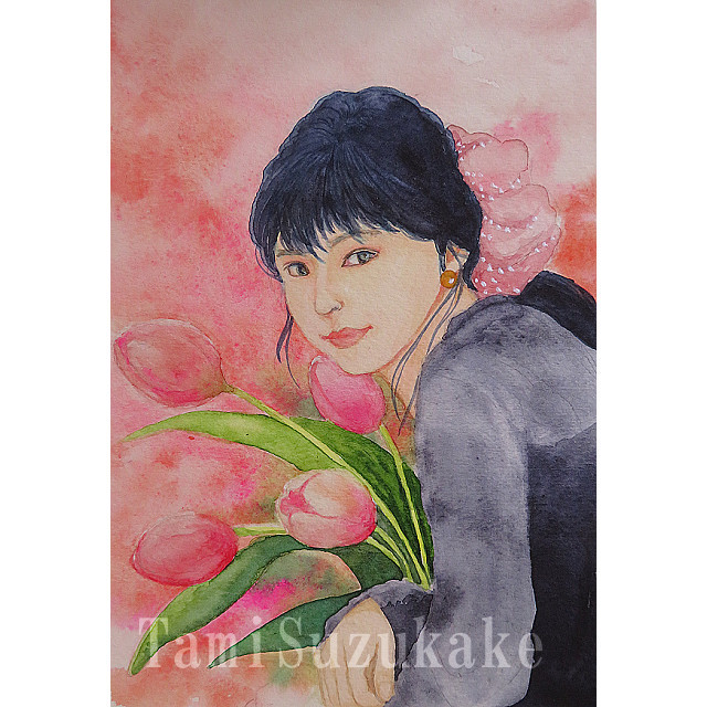 赤い服の少女 水彩画