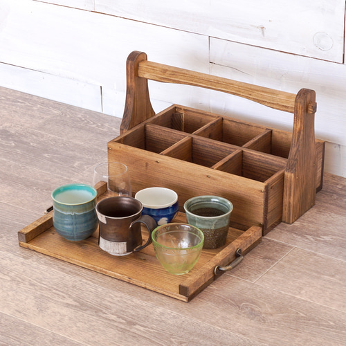 ②おかもち木箱 6仕切り【受注】茶 他2色湯呑 陶器 コップ ②おかもち木箱 6仕切り【受注】茶 他2色湯呑 陶器 コップ