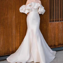 シアーな美しさ パフスリーブのオフショルダー ウェディングドレス  マーメイドライン ロングトレーンマ/結婚式/H019 4枚目の画像