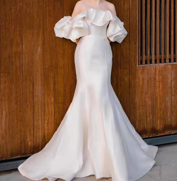 シアーな美しさ パフスリーブのオフショルダー ウェディングドレス  マーメイドライン ロングトレーンマ/結婚式/H019 2枚目の画像
