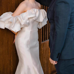 シアーな美しさ パフスリーブのオフショルダー ウェディングドレス  マーメイドライン ロングトレーンマ/結婚式/H019 11枚目の画像