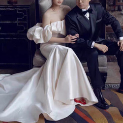 シアーな美しさ パフスリーブのオフショルダー ウェディングドレス  マーメイドライン ロングトレーンマ/結婚式/H019 3枚目の画像