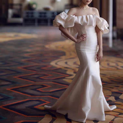 シアーな美しさ パフスリーブのオフショルダー ウェディングドレス  マーメイドライン ロングトレーンマ/結婚式/H019 8枚目の画像