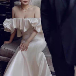 シアーな美しさ パフスリーブのオフショルダー ウェディングドレス  マーメイドライン ロングトレーンマ/結婚式/H019 5枚目の画像