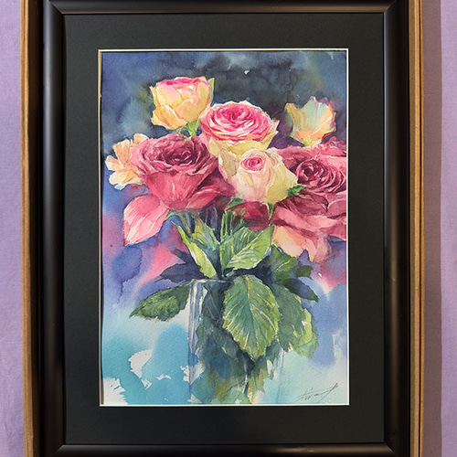 【希少！！】 水彩アート「花とガラスの花活け」1点物、手書き真筆。送料無料 絵画