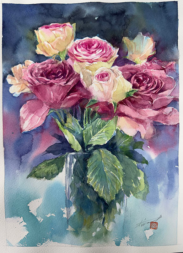 水彩アート「花とガラスの花活け」1点物、手書き真筆。送料無料。 2枚目の画像