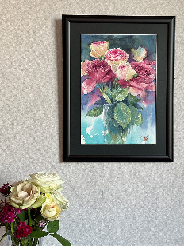 新しいブランド 水彩アート「花とガラスの花活け」1点物、手書き真筆。送料無料 絵画