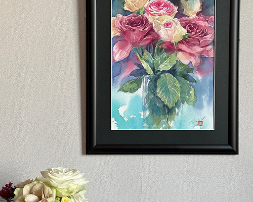 水彩アート「花と緑の花活け」1点物、手描き、真筆。 水彩アート「花とガラスの花活け」1点物、手書き真筆。送料無料