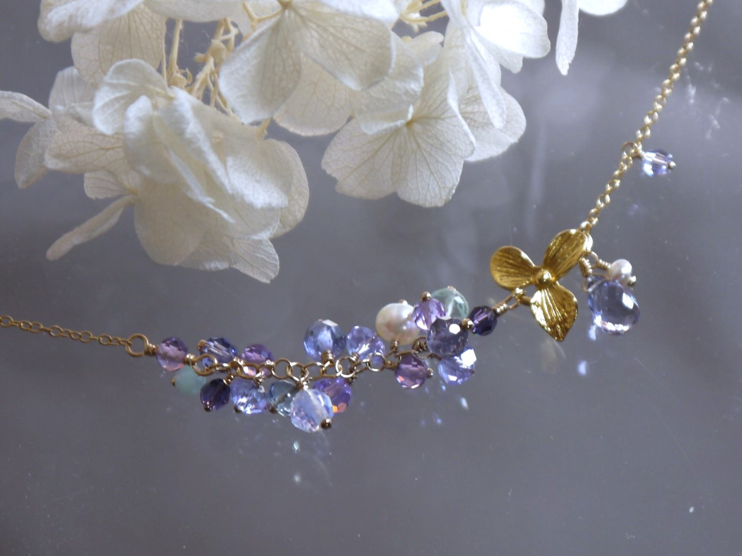 【K14GF】天然石ネックレス＊*紫陽花(アメジスト/アイオライト/フローライト)