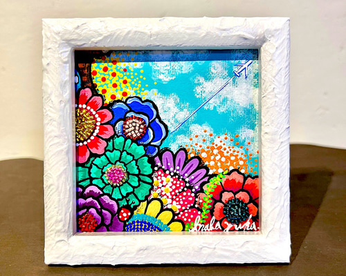 ミニ絵画 12cm角 絵画 原画 お花の絵 ビーズ付き ギフト 絵画