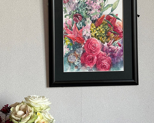 水彩アート「花満開」1点物、手書き真筆。送料無料。 絵画